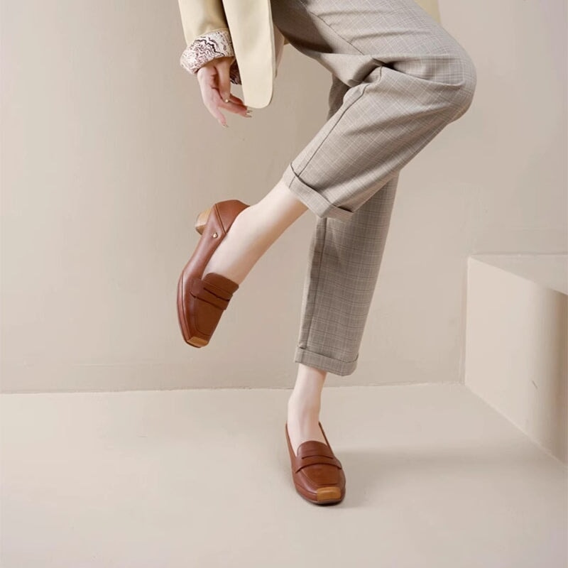 Handmade Ballet Square Toe Loafer Pumps In Brown/White