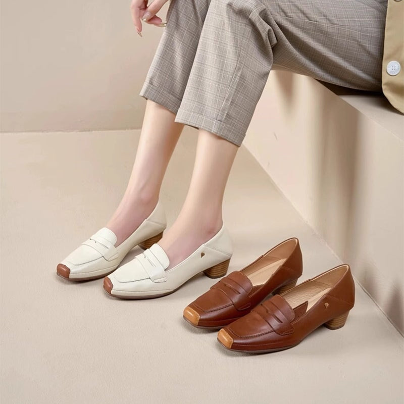 Handmade Ballet Square Toe Loafer Pumps In Brown/White