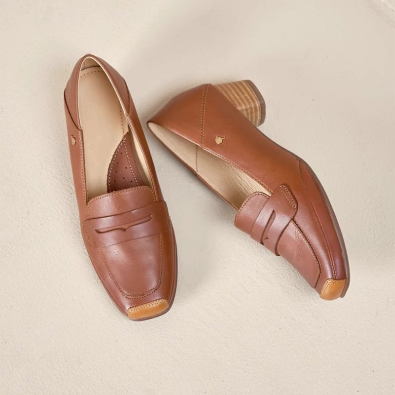 Handmade Ballet Square Toe Loafer Pumps In Brown/White