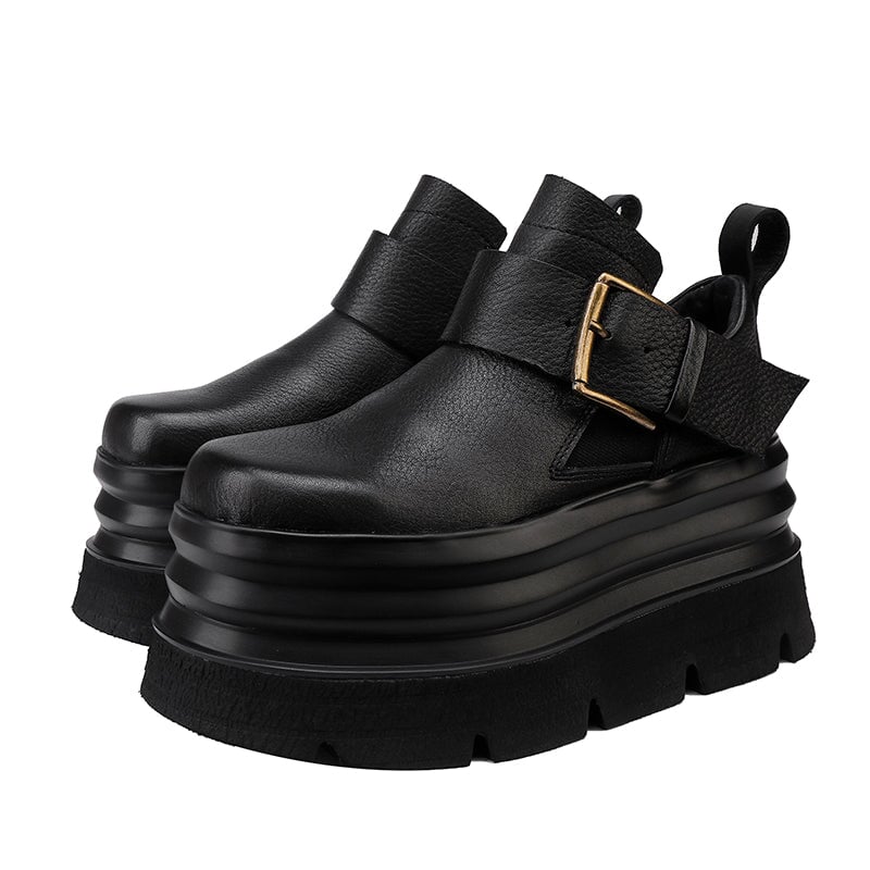 Handmade Chunky Platform Leather Loafers for Women with Buckle Design in Black/Brown