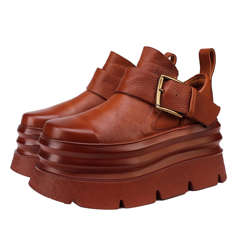 Handmade Chunky Platform Leather Loafers for Women with Buckle Design in Black/Brown