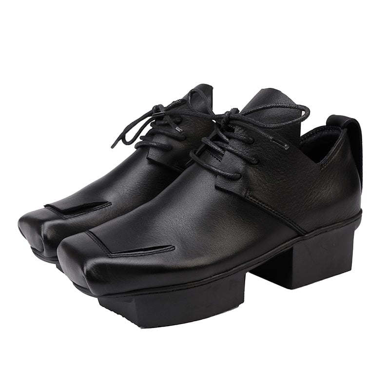 Handmade Designer Oxford Shoes for Women Platform Sculptural Heel Inspired by Japanese Geta in Black/Brown