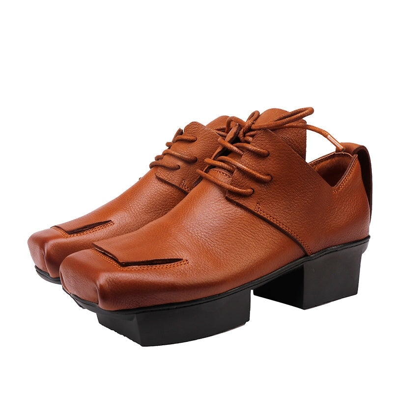 Handmade Designer Oxford Shoes for Women Platform Sculptural Heel Inspired by Japanese Geta in Black/Brown