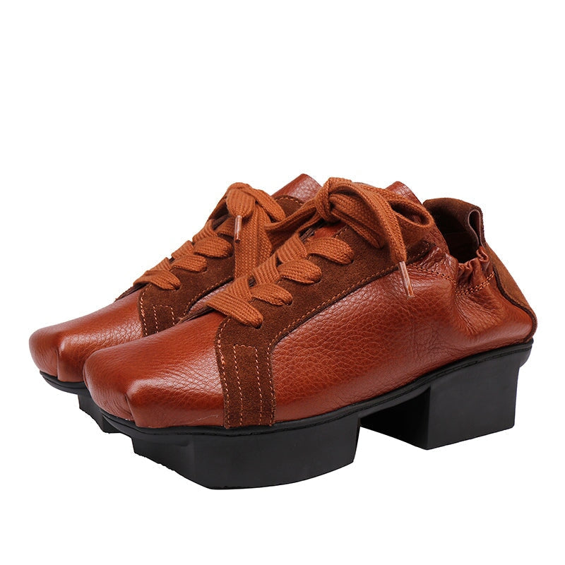 Handmade Designer Oxford Shoes for Women Platform with Sculptural Heel Inspired by Japanese Geta in Black/Brown