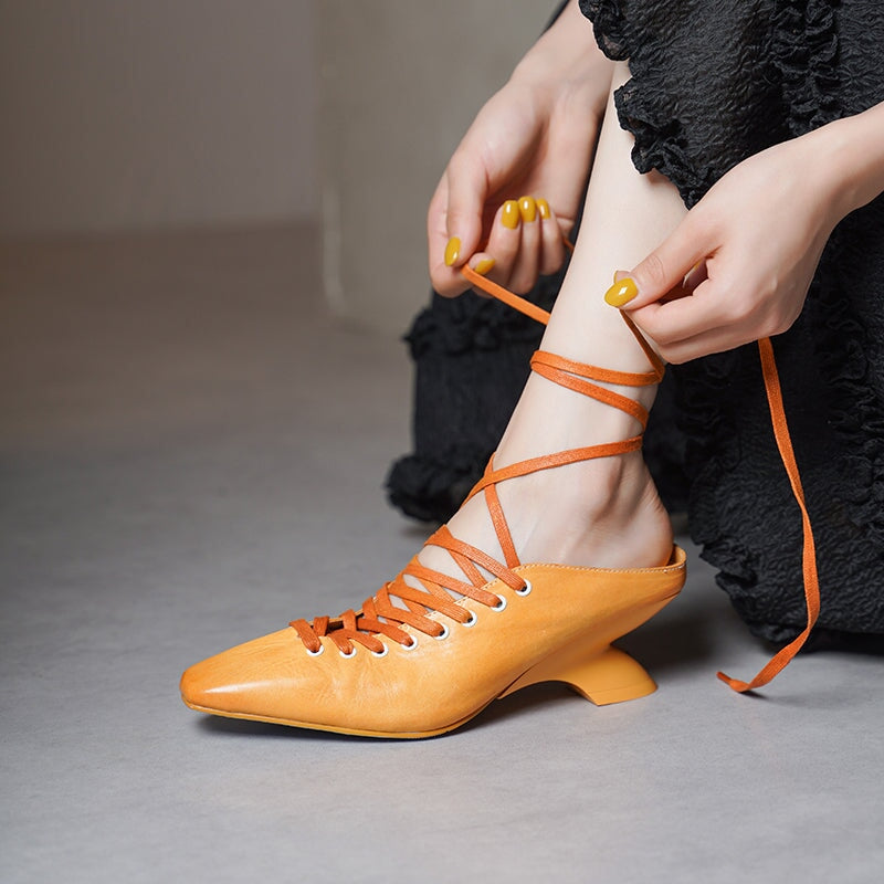 Handmade Fashion Square Toe Horse Leather Lace-Up Mule Heels with Sculpted Heel in Yellow/Blue/Beige