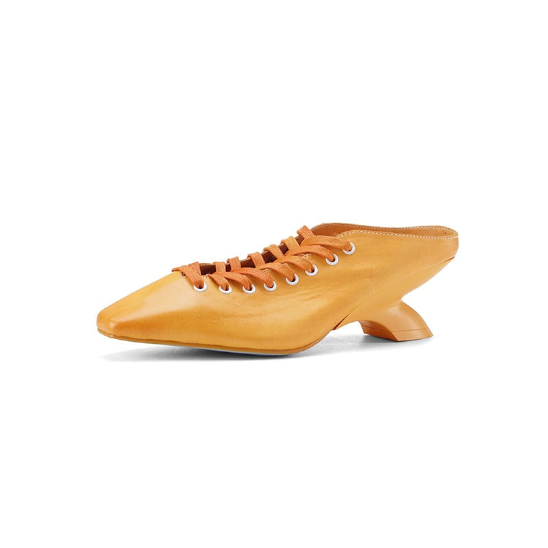 Handmade Fashion Square Toe Horse Leather Lace-Up Mule Heels with Sculpted Heel in Yellow/Blue/Beige
