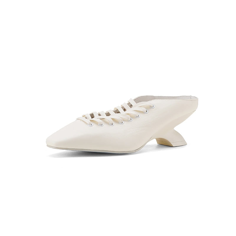 Handmade Fashion Square Toe Horse Leather Lace-Up Mule Heels with Sculpted Heel in Yellow/Blue/Beige