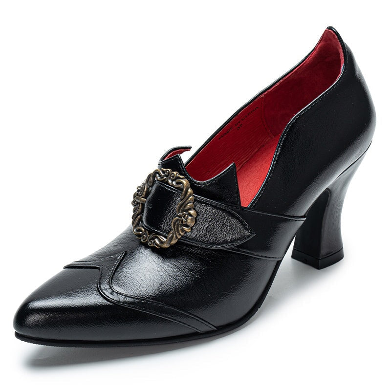 Handmade Gothic Witch Buckle Pumps for Women Vintage Pointed Toe Lolita Shoes in Black