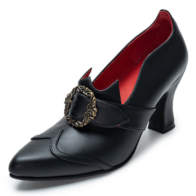 Handmade Gothic Witch Buckle Pumps for Women Vintage Pointed Toe Lolita Shoes in Black