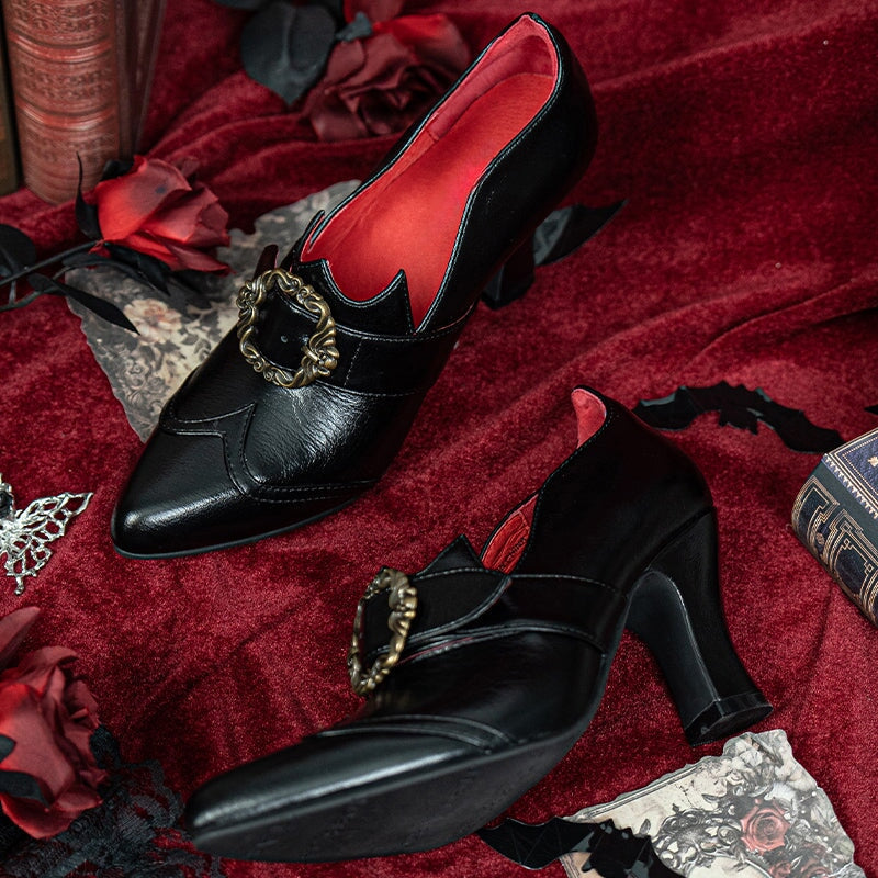 Handmade Gothic Witch Buckle Pumps for Women Vintage Pointed Toe Lolita Shoes in Black