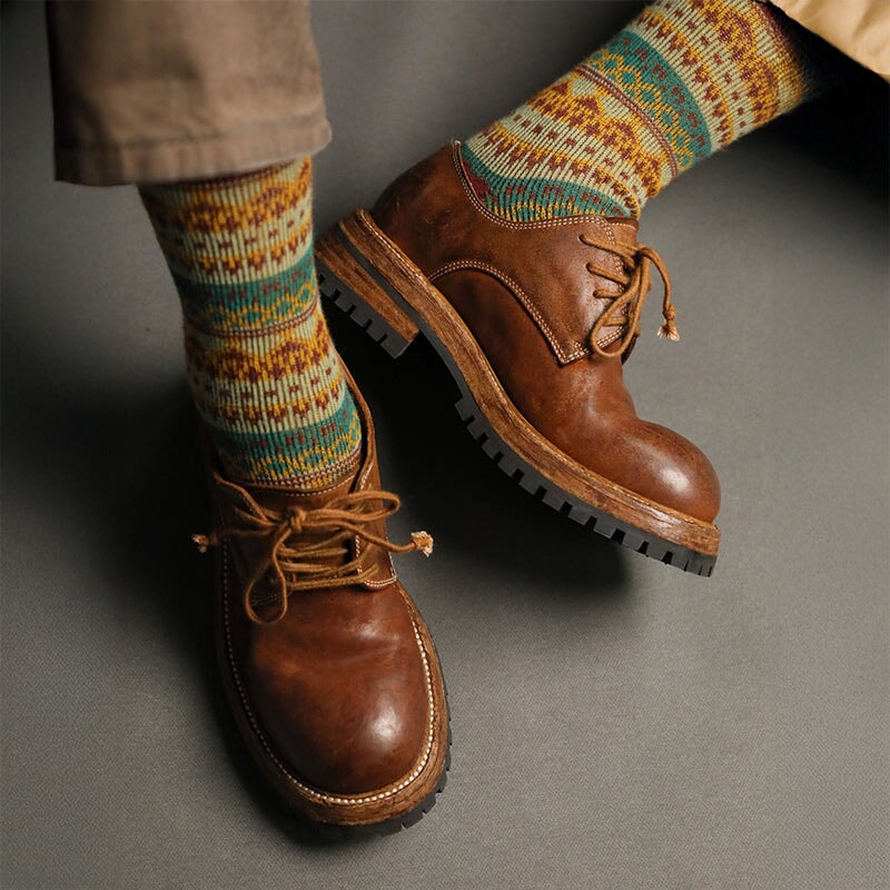 Handmade Horse Leather Lace-Up Oxfords Round Toe Casual Derby Shoes in Caramel/Red