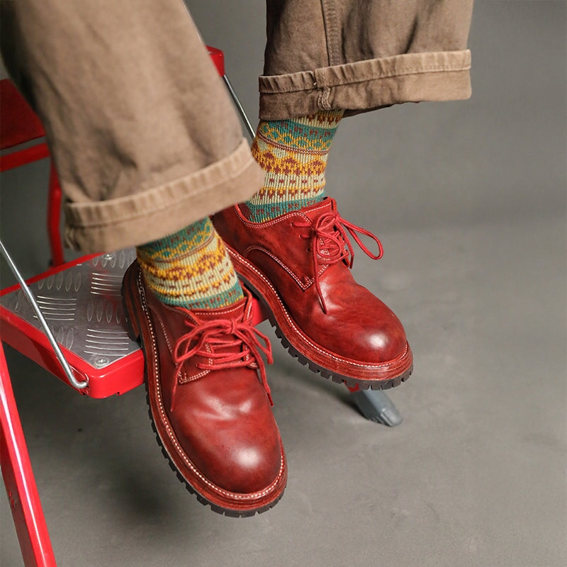 Handmade Horse Leather Lace-Up Oxfords Round Toe Casual Derby Shoes in Caramel/Red