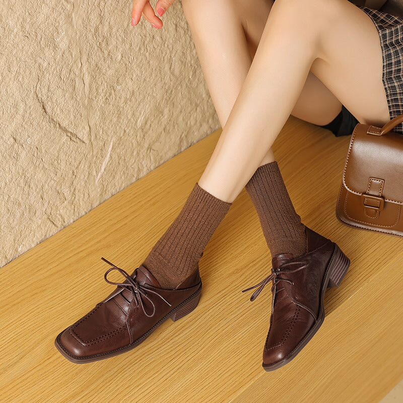 Handmade Soft Leather Lace Up Square Toe Derby Shoes in Coffee/Black