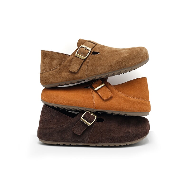 Dwarves Handmade Soft Suede Leather Flat Slip-On Loafers with Buckle in Deep Brown/Light Brown/Coffee