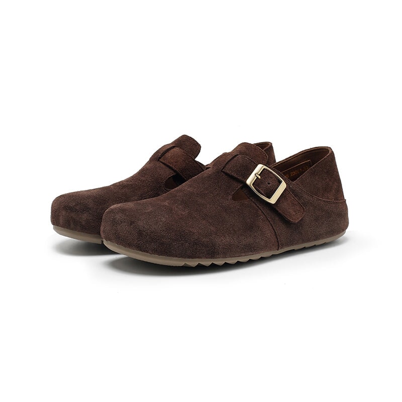 Dwarves Handmade Soft Suede Leather Flat Slip-On Loafers with Buckle in Deep Brown/Light Brown/Coffee