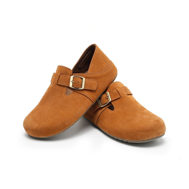 Dwarves Handmade Soft Suede Leather Flat Slip-On Loafers with Buckle in Deep Brown/Light Brown/Coffee