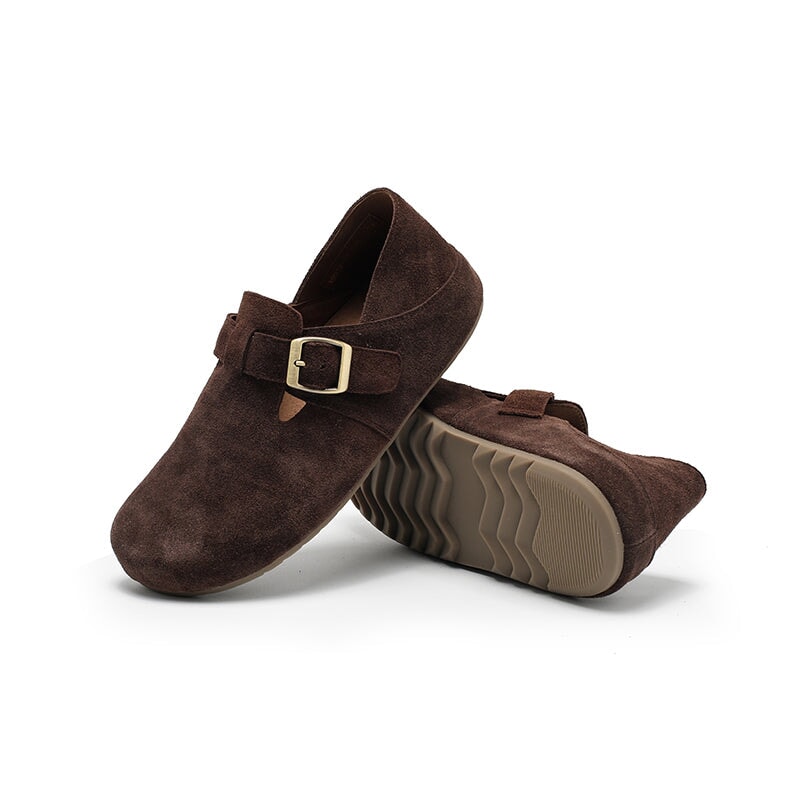 Dwarves Handmade Soft Suede Leather Flat Slip-On Loafers with Buckle in Deep Brown/Light Brown/Coffee