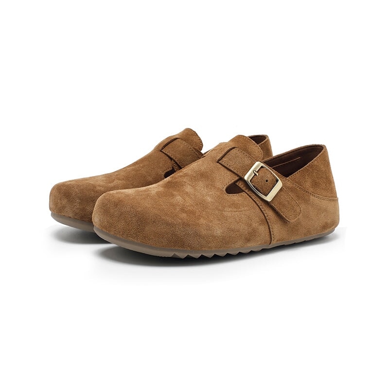 Dwarves Handmade Soft Suede Leather Flat Slip-On Loafers with Buckle in Deep Brown/Light Brown/Coffee