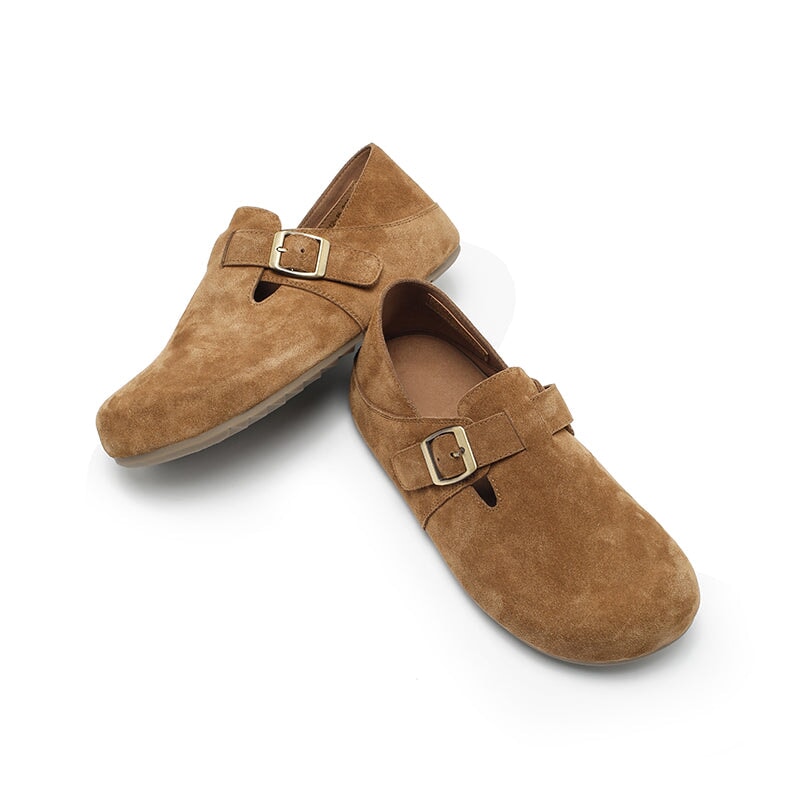 Dwarves Handmade Soft Suede Leather Flat Slip-On Loafers with Buckle in Deep Brown/Light Brown/Coffee