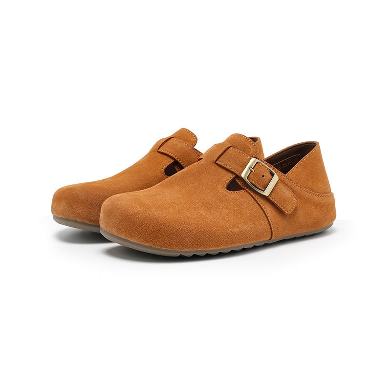 Dwarves Handmade Soft Suede Leather Flat Slip-On Loafers with Buckle in Deep Brown/Light Brown/Coffee