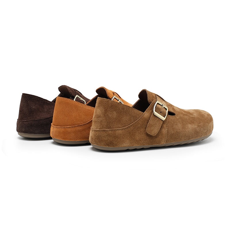 Dwarves Handmade Soft Suede Leather Flat Slip-On Loafers with Buckle in Deep Brown/Light Brown/Coffee