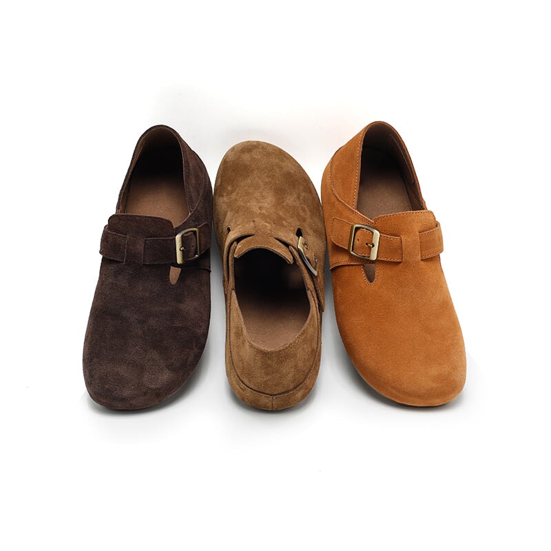 Dwarves Handmade Soft Suede Leather Flat Slip-On Loafers with Buckle in Deep Brown/Light Brown/Coffee