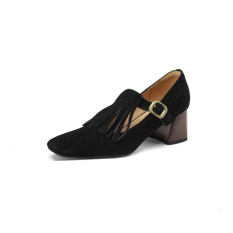 Handmade Suede Leather Kiltie Pumps Mary Jane T Strap Square Toe in Black/Brown