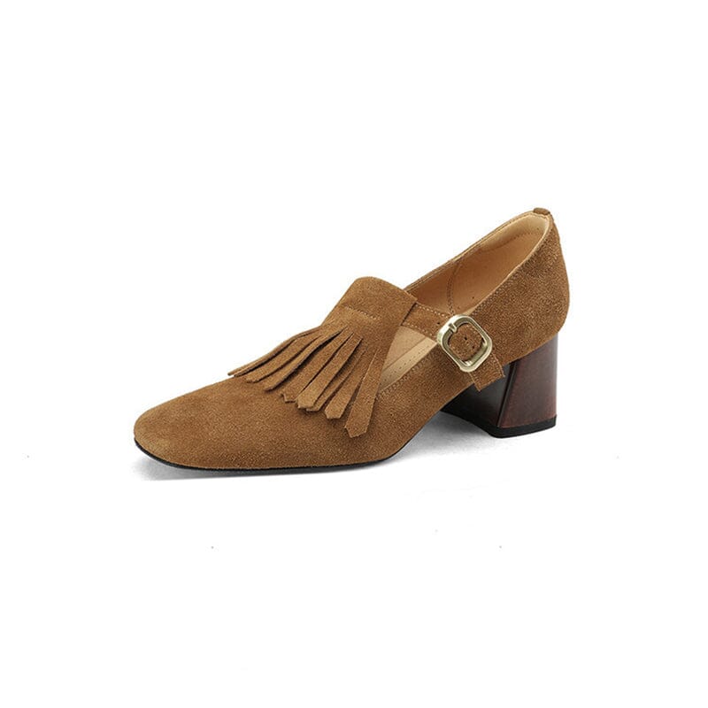 Handmade Suede Leather Kiltie Pumps Mary Jane T Strap Square Toe in Black/Brown