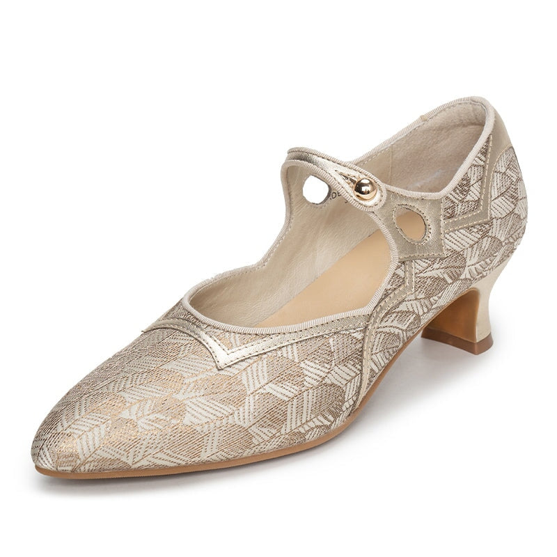 Handmade Vintage 50mm Mary Jane Pumps for Women Two-Tone Satin & Leather in Golden/Olive Green
