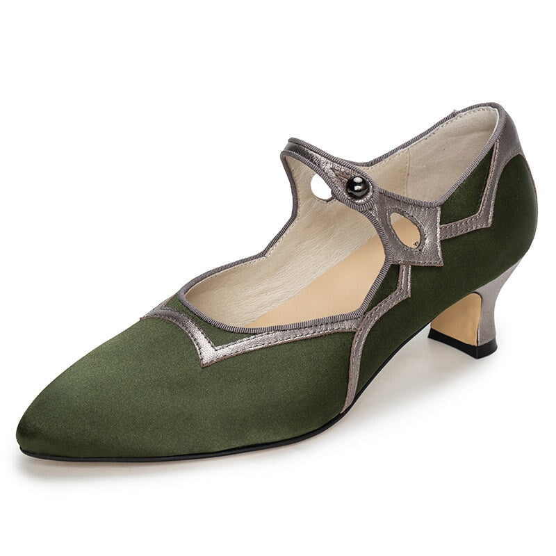 Handmade Vintage 50mm Mary Jane Pumps for Women Two-Tone Satin & Leather in Golden/Olive Green
