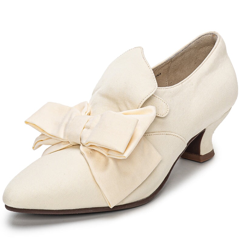 Handmade Vintage Edwardian Bow Pumps Pointed Toe Elegant Twill Fabric Shoes Retro Mary Jane Style in Beige