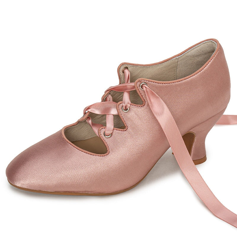 Handmade Vintage Edwardian Silk Satin Lace-Up Pumps 70mm French Heel Ribbon Tie Dance Shoes in 5 Colors