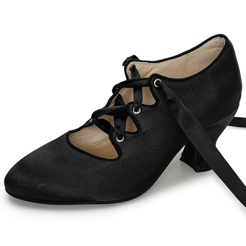 Handmade Vintage Edwardian Silk Satin Lace-Up Pumps 70mm French Heel Ribbon Tie Dance Shoes in 5 Colors