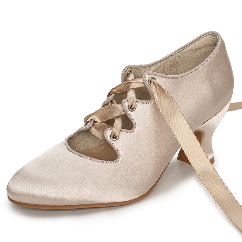 Handmade Vintage Edwardian Silk Satin Lace-Up Pumps 70mm French Heel Ribbon Tie Dance Shoes in 5 Colors