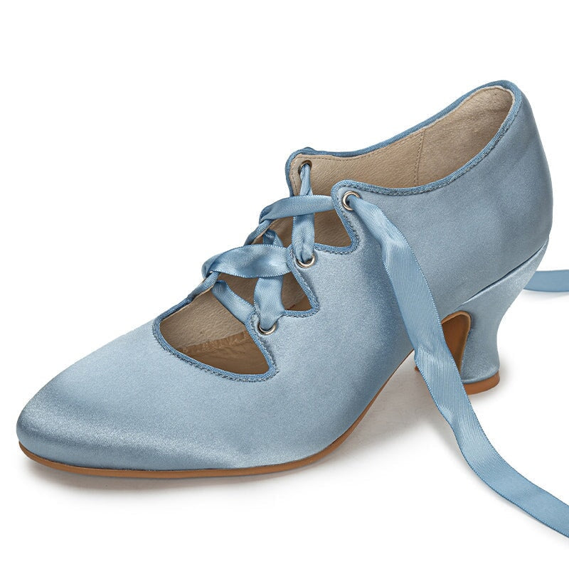 Handmade Vintage Edwardian Silk Satin Lace-Up Pumps 70mm French Heel Ribbon Tie Dance Shoes in 5 Colors