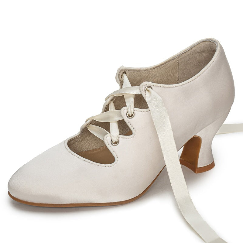 Handmade Vintage Edwardian Silk Satin Lace-Up Pumps 70mm French Heel Ribbon Tie Dance Shoes in 5 Colors