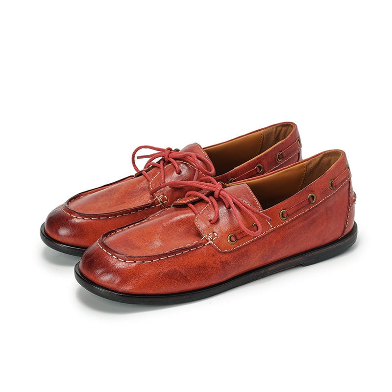 Handmade Vintage Leather Boat Shoes British Style Lace-Up Loafer Flats in Red/Black/Camel