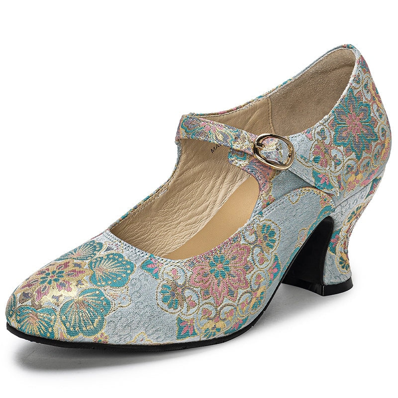 Handmade Vintage Mary Jane Jacquard Fabric Pumps Elegant Eastern Style Cheongsam Shoes in Pink/Blue/Beige