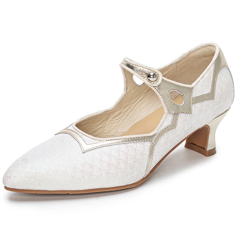 Handmade Vintage Mary Jane Jacquard Leather Pumps Eastern Cheongsam Shoes in Black/White/Blue