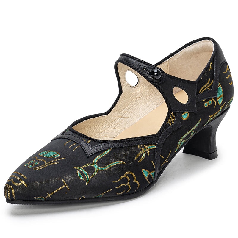 Handmade Vintage Mary Jane Jacquard Leather Pumps Eastern Cheongsam Shoes in Black/White/Blue