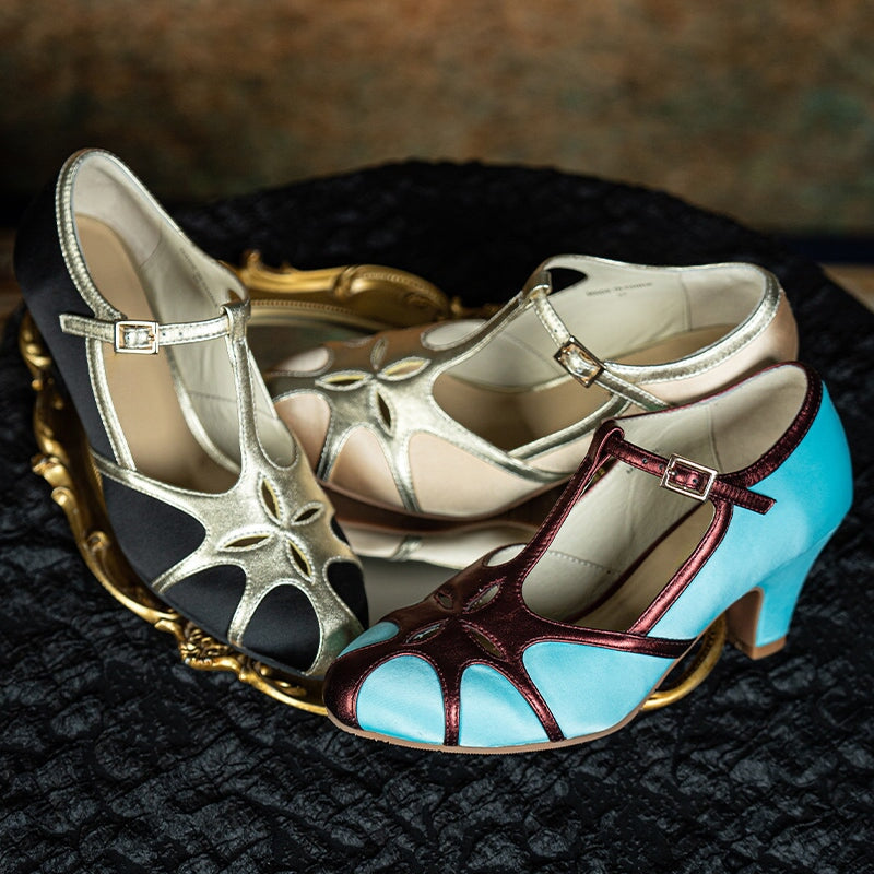Handmade Vintage T-Strap Color-Block Mary Jane Pumps for Women Cut-Out Satin Leather in Blue/Black/Light Yellow