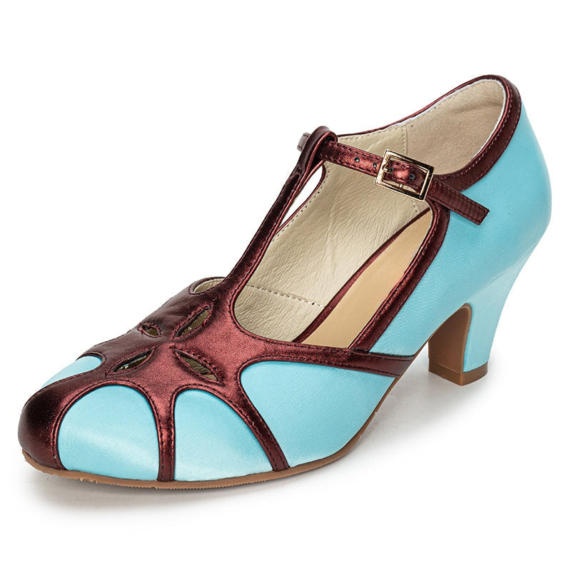Handmade Vintage T-Strap Color-Block Mary Jane Pumps for Women Cut-Out Satin Leather in Blue/Black/Light Yellow