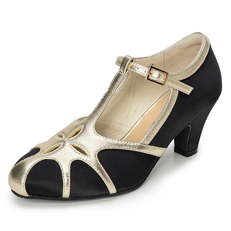 Handmade Vintage T-Strap Color-Block Mary Jane Pumps for Women Cut-Out Satin Leather in Blue/Black/Light Yellow