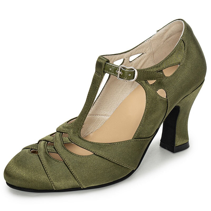 Handmade Vintage T-Strap Mary Jane Pumps for Women 80mm Block Heel Elegant Wedding Heels in White/Black/Green/Magenta