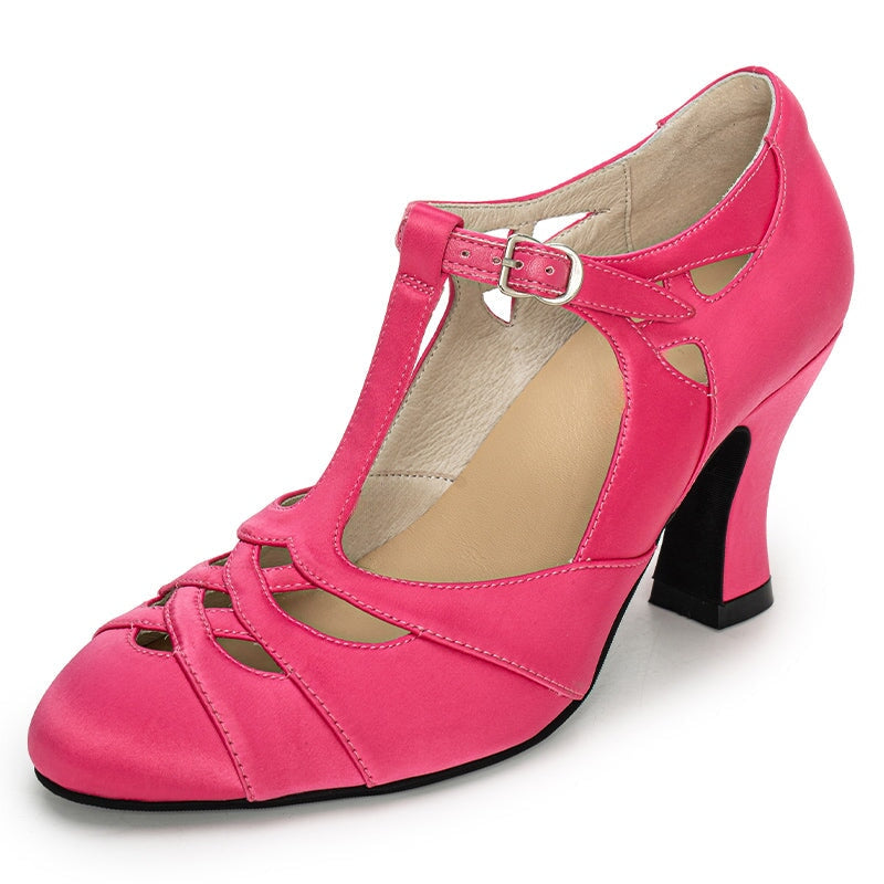 Handmade Vintage T-Strap Mary Jane Pumps for Women 80mm Block Heel Elegant Wedding Heels in White/Black/Green/Magenta