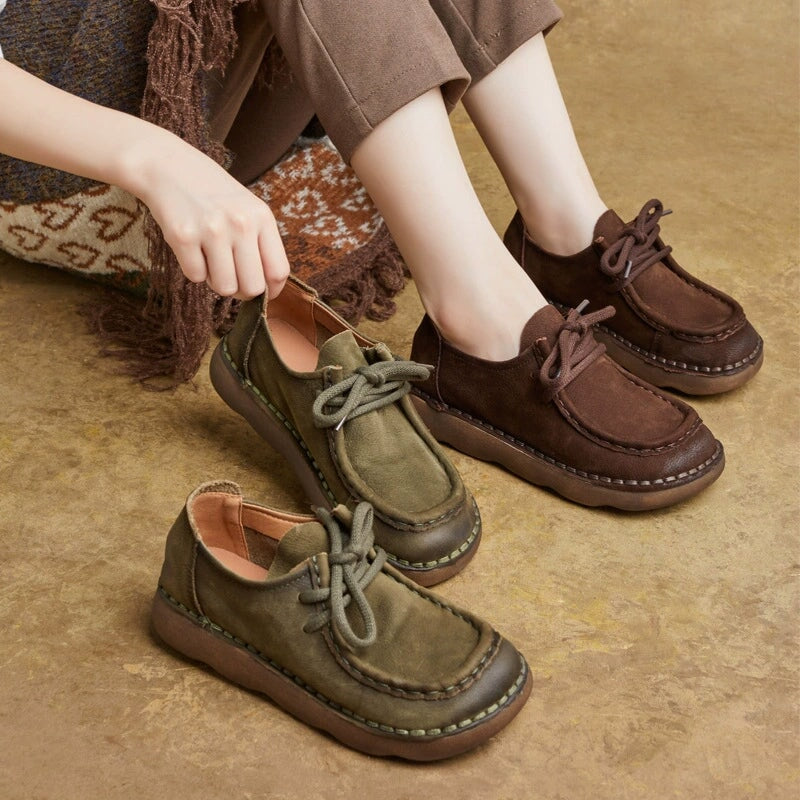 Handmade Women’s Leather Casual Oxford Shoes Vintage Lace-Up Flats in Coffee/Green
