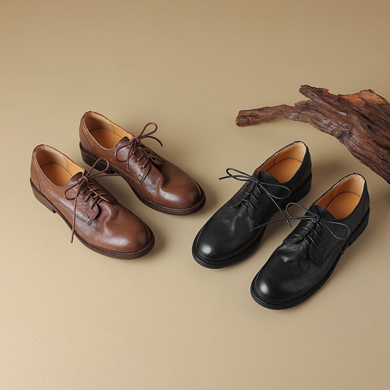 Handmade Women’s Oxford Shoes Cow Leather Lace Up Dress Shoes in Black/Dark Coffee