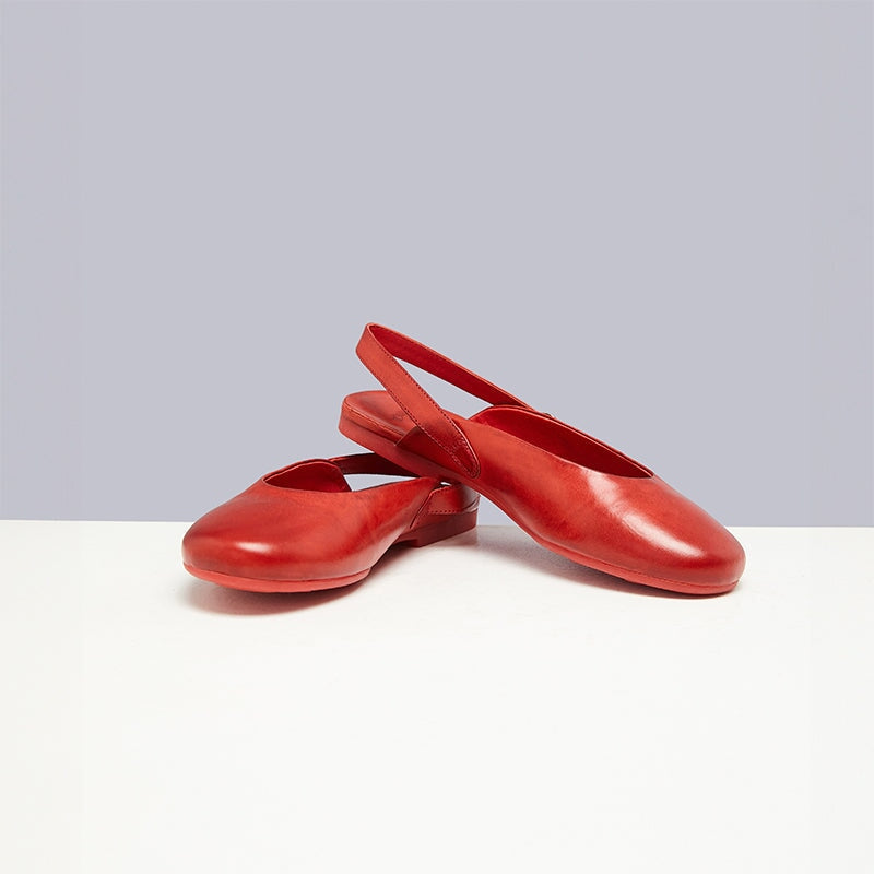 Handmade Women's Slingback Flat Loafers Horse Leather Casual Sandals in Coffee/Red