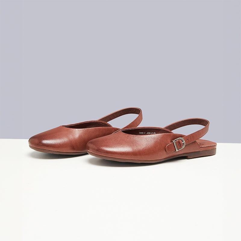 Handmade Women's Slingback Flat Loafers Horse Leather Casual Sandals in Coffee/Red