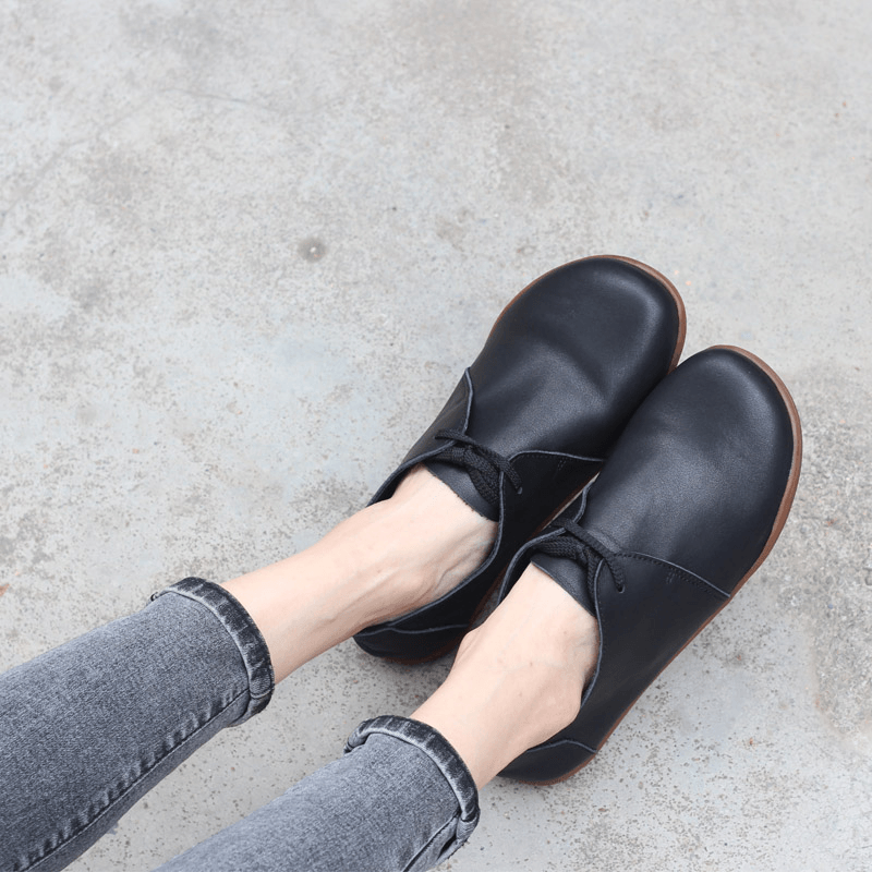 Leather Lace-Up Casual Barefoot Shoes Flat Ankle Shoes